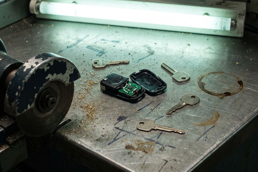 Cut keys and an opened transponder fob on a scuffed steel bench under a shop fluorescent